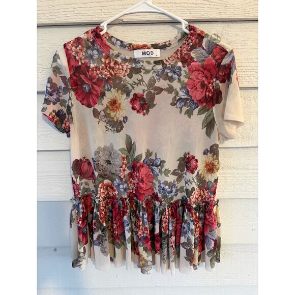 MOD Floral Peplum Top Medium Sheer Mesh Cottagecore Boho Romantic Blouse - Picture 2 of 6